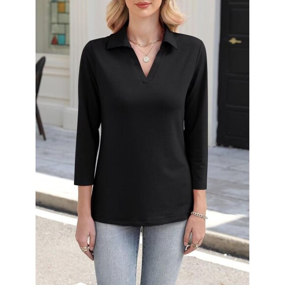 Women's Cotton Blend Polo Shirt 3/4 Sleeve V Neck Casual Summer Top - Picture 4 of 6